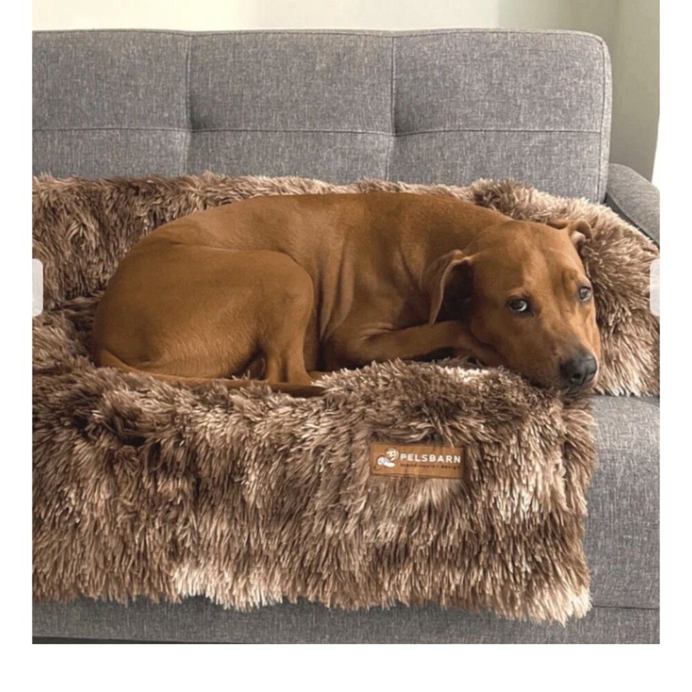 Pelsbarn Calming Dog Bed Couch Sofa w Non-Slip Bottom Large Beige Brown 33 x 33